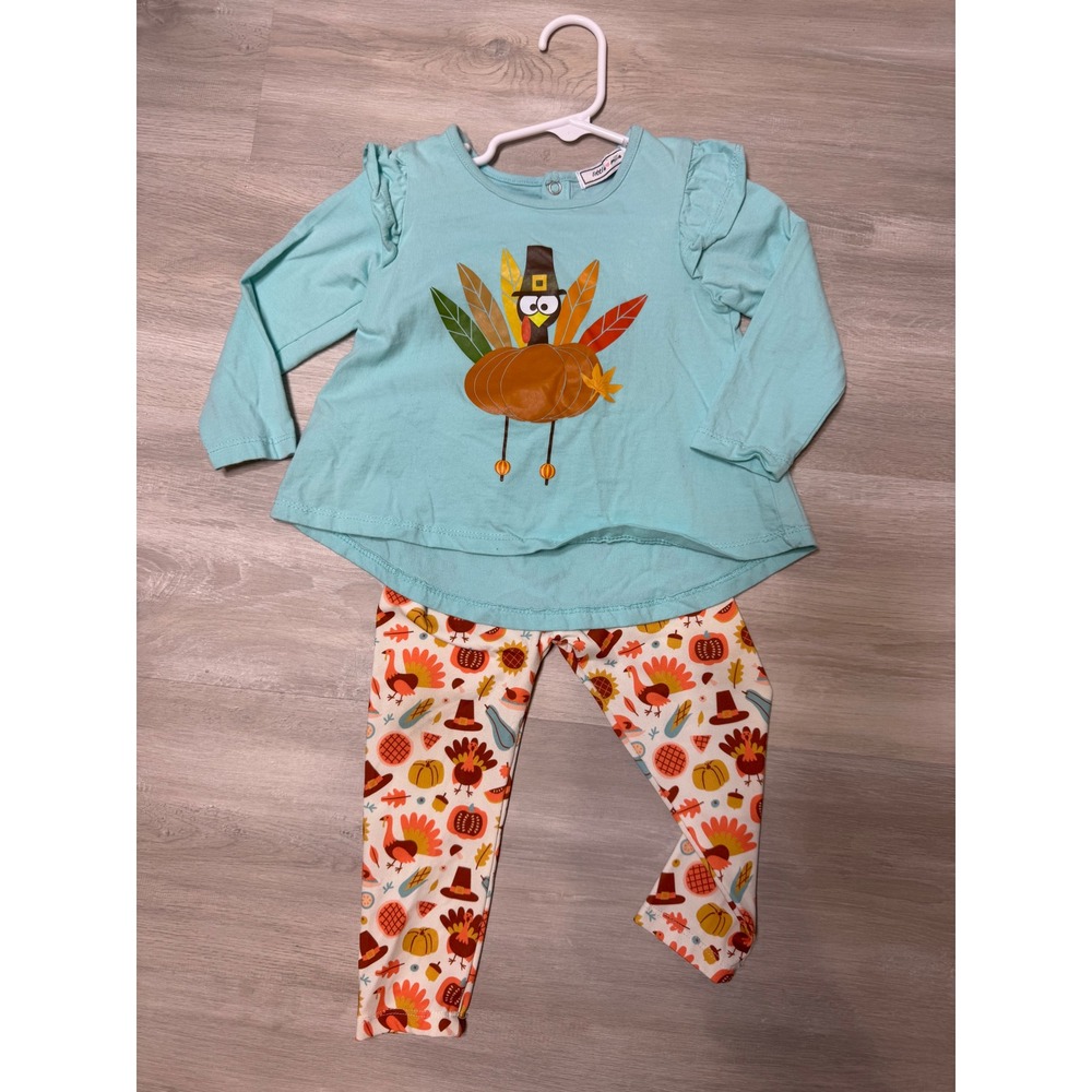 Little Millie Girls 18M Thanksgiving Outfit Turkey Aqua Tunic Leggings Set